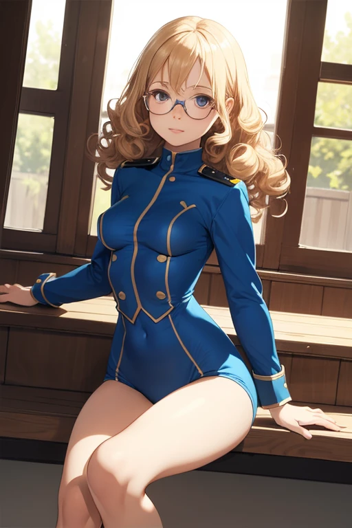 ( super flat ,  flat shading), 1 person， a very young girl ，， very short， toddler f very small flat breasts ， swollen areolas， very thin limbs， thin thighs ， girl，blond curly person wearing uniform and glasses， girl&#39;Lure，