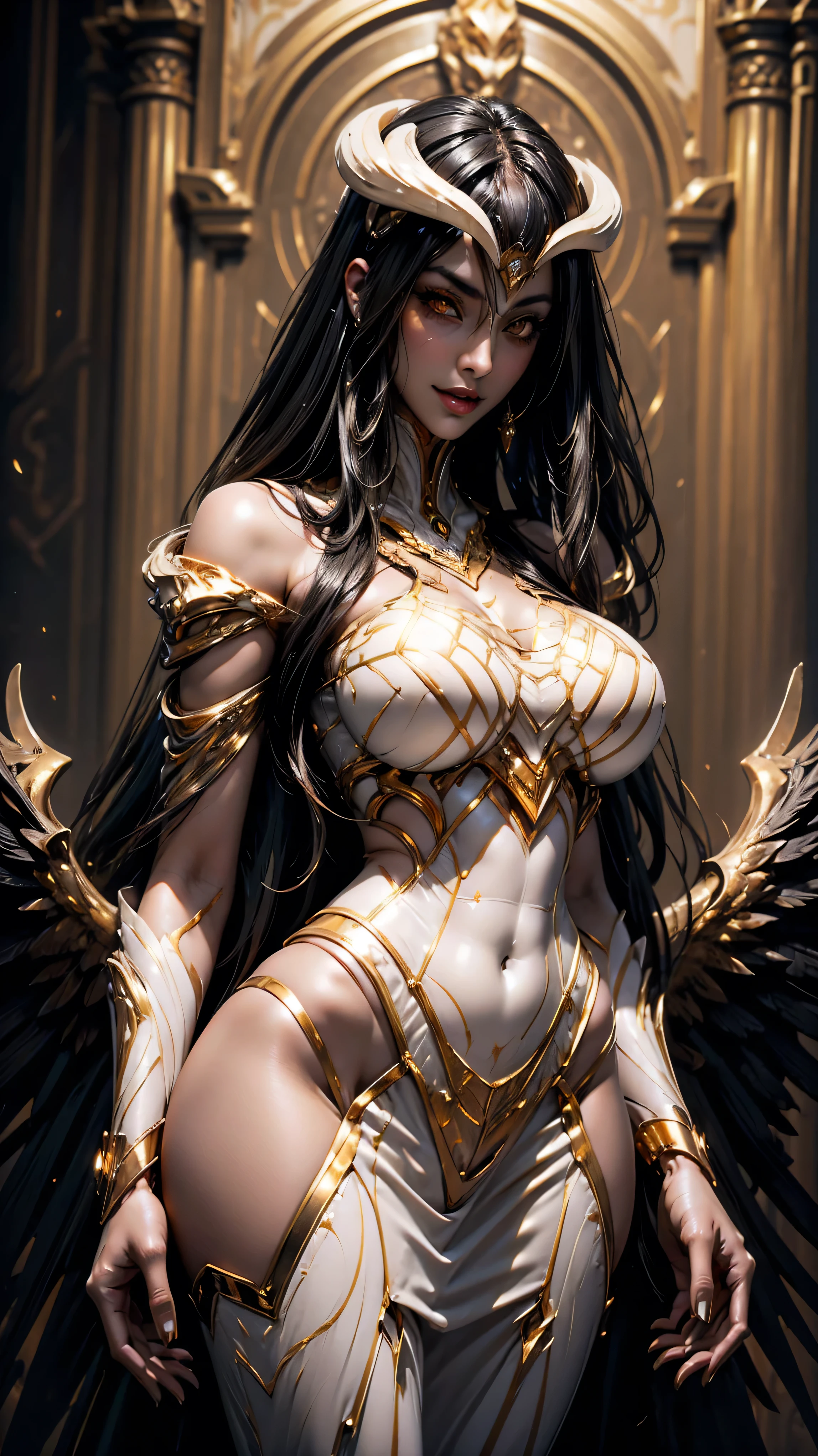 A (super realistic) beautiful sexy woman(albedo _overlord) with (glossy orange eyes) and white attire(detailed with perfect sharpness ) with gold jewellery on sexy breast, beautiful breast(perfect shape and size), black long beautiful hair, hyper detailed black wings (every thing with best detailing), best pose while standing straight with seducing smile on face in middle, wallpaper pose.