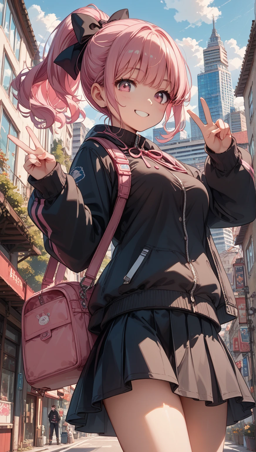 score_9, score_8_up, score_7_up,source_anime,anatomically correct, best perspective, 1 cute girl, pink hair, ponytail, black ribbon, medium breasts, black onepiece,mini skirt,bet room,、 pink eyes、Make a peace sign、Decisive Face、smile、Winter cityscape、