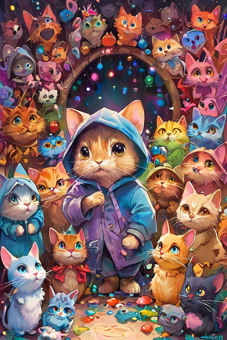   This picture looks like 々There are a lot of cats of different colors and breeds, Vivid cartoon art, beepleとJeremiah Ketner,   colorful   crowd,     cute cat,Crowded,  Inspiration  , cute   colorful   adorable,   Greg Beeple  , very Crowded,   Dan Mumford and Pixar  ,   colorful  !  Character Design , (((Luke Chueh)))