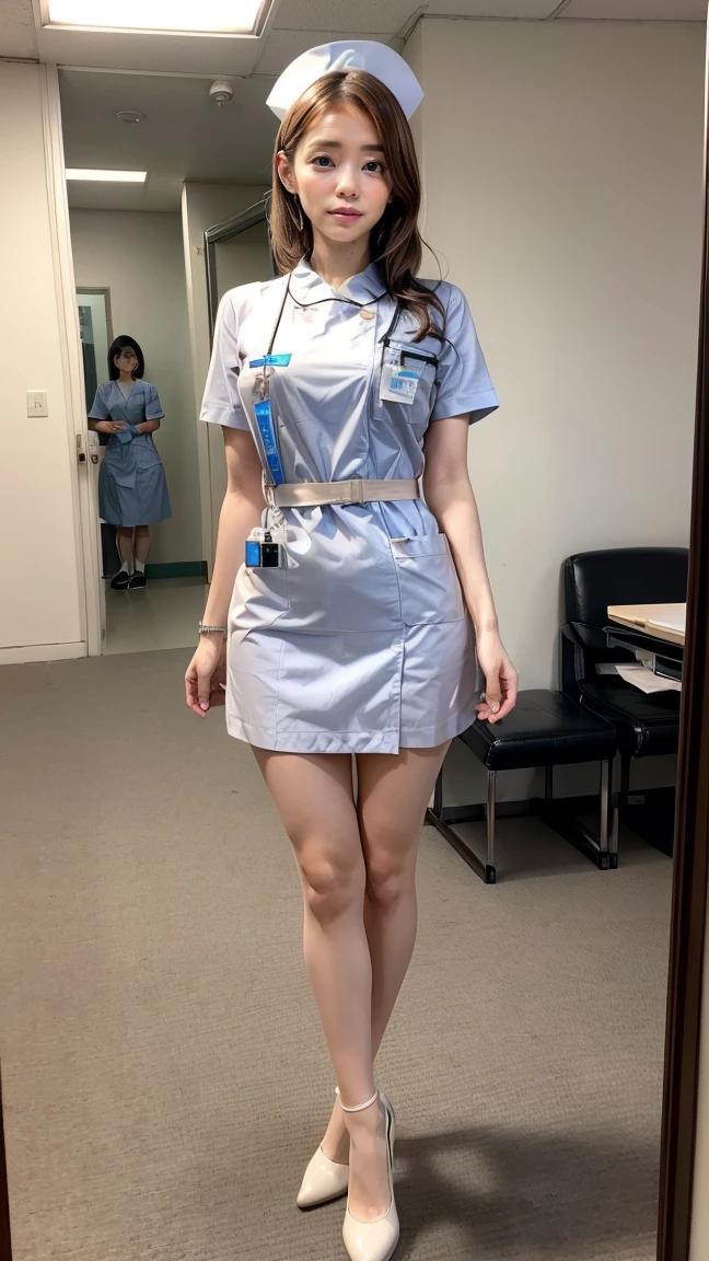 a beautiful young 24-year-old Japanese woman, beautiful, detailed anatomy, beautiful skin, random hair color and hairstyle, big breasts, nurse hat, (nurse uniform:1.3), nurse cap, (she is standing:1.2), full body shot, high heels, hospital, (best quality,8k, masterpiece:1.3), (extremely detailed:1.2), Kana Kurashina