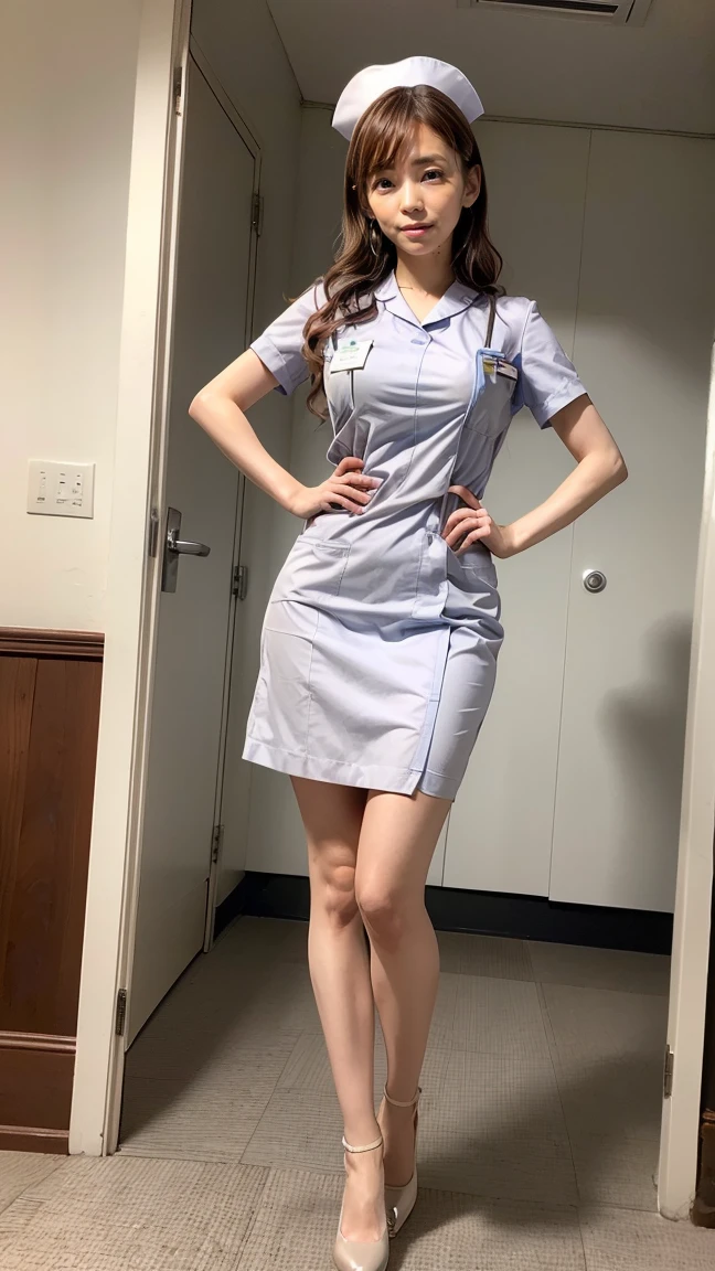 a beautiful young 24-year-old Japanese woman, beautiful, detailed anatomy, beautiful skin, random hair color and hairstyle, big breasts, nurse hat, (nurse uniform:1.3), nurse cap, (she is standing:1.2), full body shot, high heels, hospital, (best quality,8k, masterpiece:1.3), (extremely detailed:1.2), Kana Kurashina