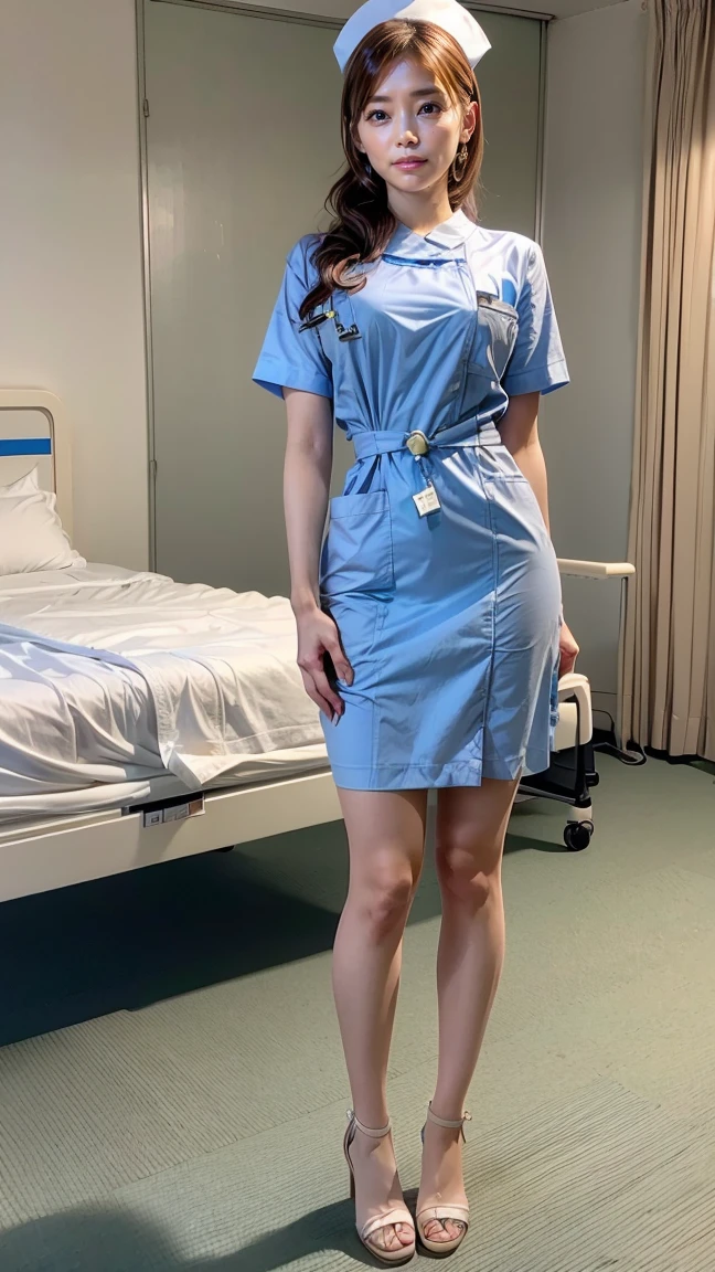 a beautiful young 24-year-old Japanese woman, beautiful, detailed anatomy, beautiful skin, random hair color and hairstyle, big breasts, nurse hat, (nurse uniform:1.3), nurse cap, (she is standing:1.2), full body shot, high heels, hospital, (best quality,8k, masterpiece:1.3), (extremely detailed:1.2), Kana Kurashina