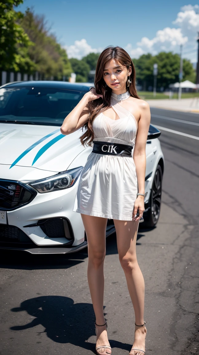 A beautiful Japanese woman, 20 years old, perfect anatomy, healthy thighs, beautiful legs, beautiful skin, random hair color, random hairstyle, large breasts, race queen, (race queen costume:1.3), zent, (she is standing:1.2), full body shot, high heels, racing circuit, (best quality,4k,8k, highres, masterpiece:1.3), (extremely detailed:1.2),photorealistic, cinematic lighting,HDR,professional photography, vivid colors, Kana Kurashina