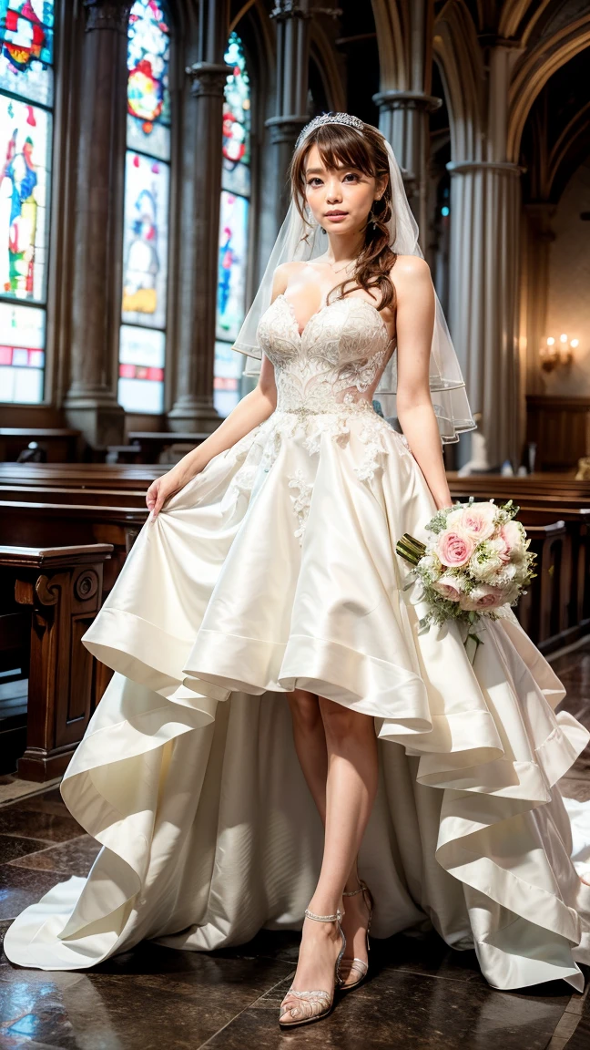 A beautiful young Japanese woman, 26 years old, with healthy thighs, beautiful legs, flawless skin, random hair color and style, large breasts, wearing a (wedding dress:1.3), (she is standing:1.2), full body shot, high heels, holding a bouquet in her hands, in a church setting, (best quality,8k, masterpiece:1.3), (extremely detailed:1.2), perfect anatomy, Kana Kurashina