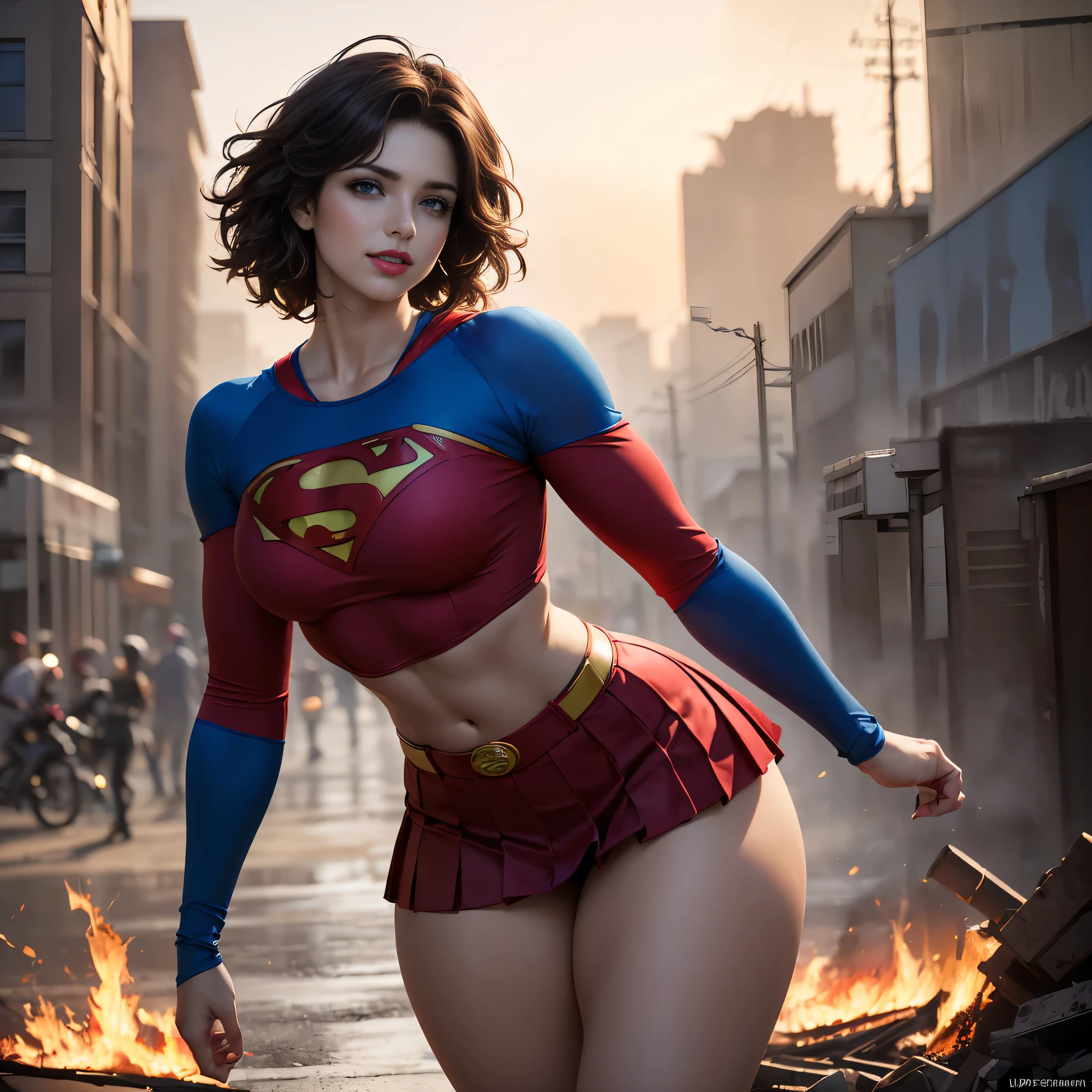 ((Beautiful woman wearing a sexy Supergirl costume, blonde and blond hair, blue eyes, underwear super cyberpunk costume ,An apocalyptic city of fire, showing flat stomach, Red mini skirt, beautiful fine hands, fringe, blue eyes, very detailed eyes, Skinny body, small breasts, hard breasts, translucent stuff)), whole body, small breasts, unreal engine:1.4, detailed background, CG K Ultrarealistic, photorealistic:1.4, skin texture:1.4, masterpiece:1.4, 8K more detailed.unreal engine:1.4, HD, La Best Quality:1.4, photorealistic:1.4, skin texture:1.4, masterpiece:1.8,masterpiece, Best Quality,object object], (detailed facial features:1.3), (Apocalyptic sunset:1.4), (Rainy blue lightning background:1.4), (NSFW:1.2)