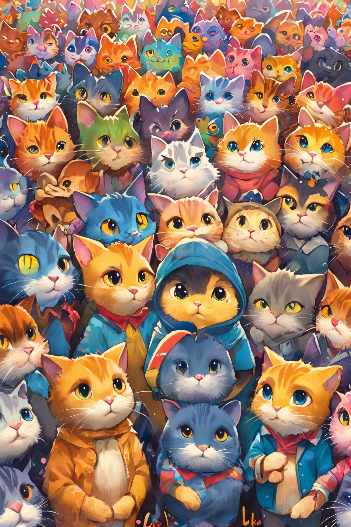   This picture looks like 々There are a lot of cats of different colors and breeds, Vivid cartoon art, beepleとJeremiah Ketner,   colorful   crowd,     cute cat,Crowded,  Inspiration  , cute   colorful   adorable,   Greg Beeple  , very Crowded,   Dan Mumford and Pixar  ,   colorful  !  Character Design , (((Luke Chueh)))