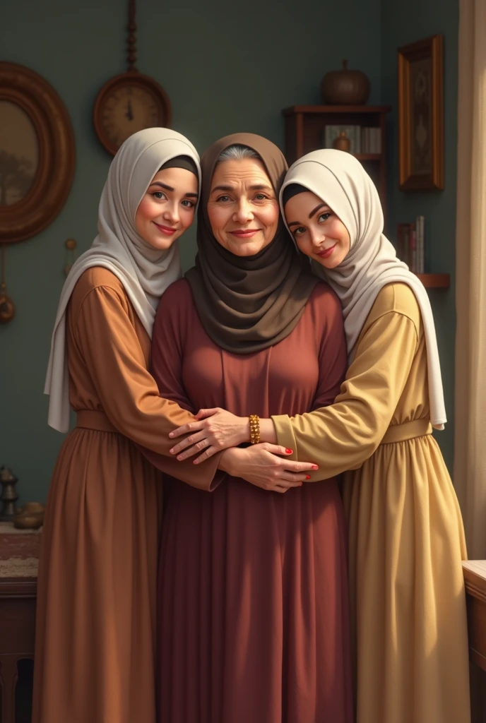 (best quality,4k,8k,highres,masterpiece:1.2),ultra-detailed,(realistic,photorealistic,photo-realistic:1.37),loving family portrait,beautiful detailed eyes,beautiful detailed lips,extremely detailed eyes and face,2girls,happy family,traditional Islamic clothing,garden background,filled with colorful flowers,soft natural light,parental love,kindness and respect,emotionally connected,peaceful atmosphere,harmonious colors