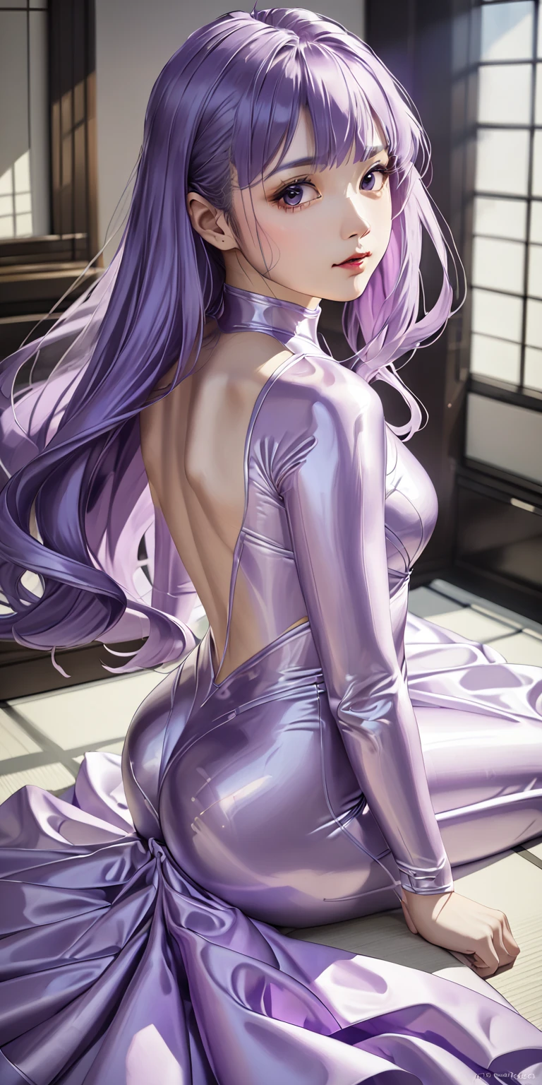 Portraiture、(masterpiece,Highest quality,Ultra-high resolution),Japanese women, (((Very beautiful 25 year old girl))),She is wearing a shiny light purple satin  ナース.、The dress has a simple design without any patterns..、The skirt is mermaid style、((Satin bodysuit))