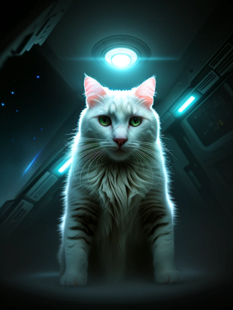 A close-up portrait of a white cat in a parallel universe, hyper detailed, cinematic, dramatic lighting, intricate sci-fi environment, neon lights, floating islands, alien architecture, glowing crystals, volumetric fog, futuristic, highly detailed, photorealistic, 8k, masterpiece, award winning, cinematic composition, dramatic angles, mood lighting, epic scale, sense of wonder, awe-inspiring