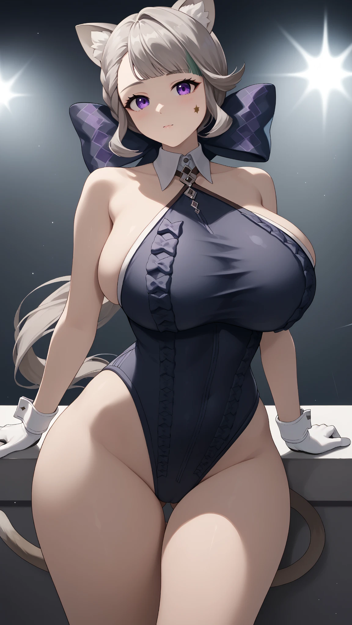 ((((1girl)))), (((cute swimsuit))), ((sexy pose)), (huge breasts, big butt, wide hips), lynettedef, purple eyes, grey hair, long hair, braid, animal ears, animal ear fluff, cat girl, star \(symbol\, hair bow, cat tail, intricate detail, hyper-anime, trending on artstation, 8k, stunning shading, anime, highly detailed, realistic, dramatic lighting, beautiful, animation, sharp focus, award winning, masterpiece, cinematic, dynamic, cinematic lighting, breathtaking, exquisite, great attention to skin and eyes, exceptional, exemplary, unsurpassed, viral, popular, buzzworthy, up-and-coming, emerging, promising, acclaimed, premium, seductive look, 