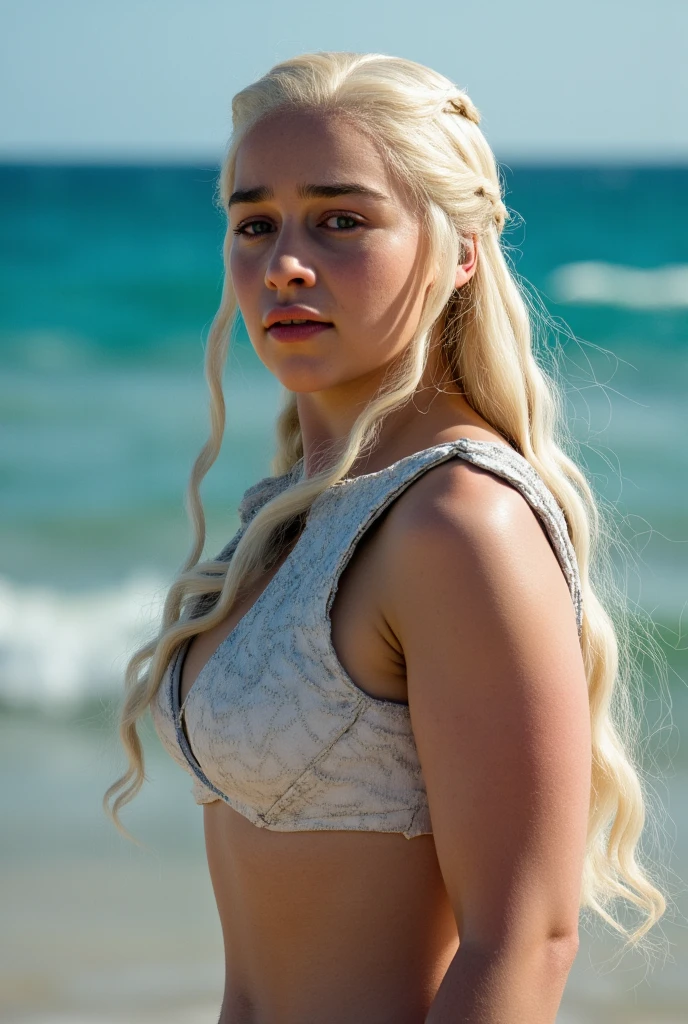 Daenerys Targaryen, white midriff tied shirt, emerging from the sea 