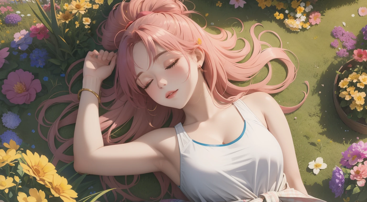 "A wide-angle, top-down view of a woman peacefully sleeping in the middle of a vast and vibrant flower garden. She is surrounded by an ocean of colorful blossoms—pinks, purples, yellows, and whites—that stretch out in every direction, creating a breathtakingly magical landscape. The woman lies relaxed with her blonde-red hair tied back, wearing a pink tank top, denim shorts, and white sneakers, with a plaid flannel shirt tied casually around her waist. The sunlight bathes the scene in a soft, golden glow, casting subtle shadows and highlighting the intricate details of the flowers. The expansive perspective captures not only her tranquil pose but also the sheer beauty and wonder of the endless garden, evoking a sense of peace and enchantment."
