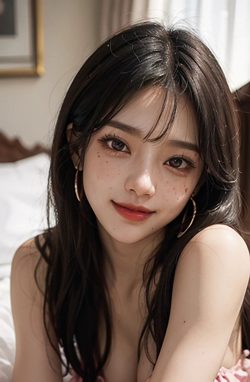 1 girl, 19 years old, south korean, 4k, masterpiece, realistic, frekles under eyes, long whavy brown hair, dark blue eyes, red lips, red eyeliners, massively large breast, off shoulder pink dress, discovered breast, tattoo in the neck, gold necklase, tilted head, happy, big smile, perfect teeth, lots of frekles under eyes, detailed face, night time, lying in a bed, facing camera.