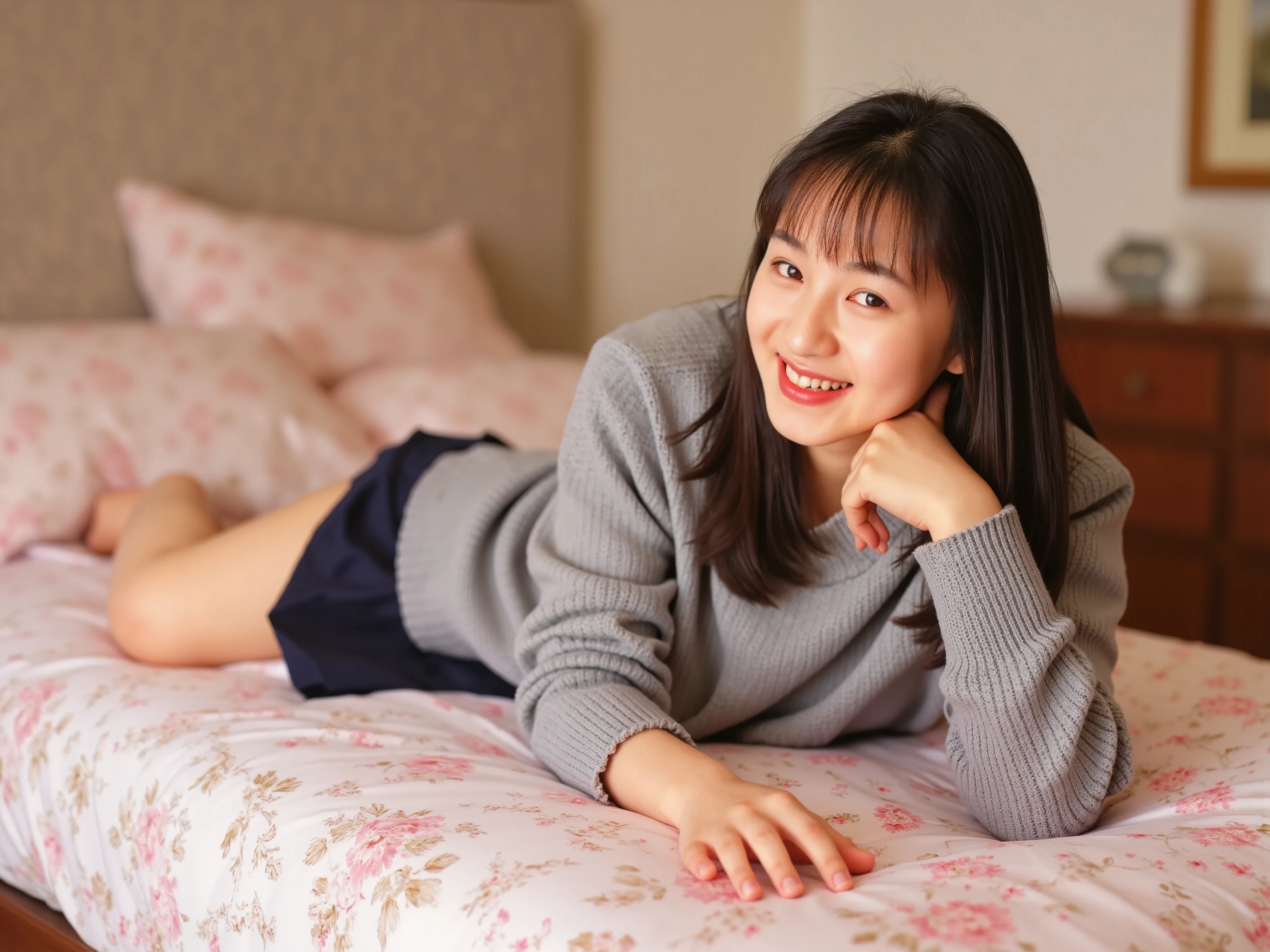 Mika, 1girl, solo, perfectly focused, best focus, realistic skin texture, masterpiece, highest quality, photorealistic, (sweater, navy blue skirt, panty shot, sexy panties, small panties, lying on the bed, on side), view from the bottom