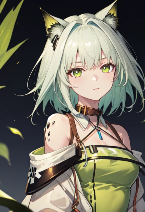 best quality, masterpiece, highres, solo, (kal_tsit_arknights:1.10), 1girl, bare shoulders, closed mouth, green dress, off-shoulder dress, oripathy lesion (arknights), upper body, looking at viewer, collar, long sleeves, 2 