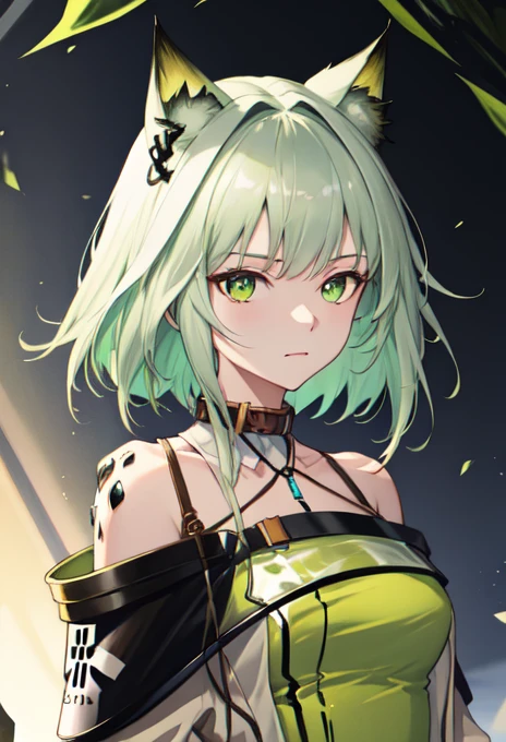 best quality, masterpiece, highres, solo, (kal_tsit_arknights:1.10), 1girl, bare shoulders, closed mouth, green dress, off-shoulder dress, oripathy lesion (arknights), upper body, looking at viewer, collar, long sleeves, 2 