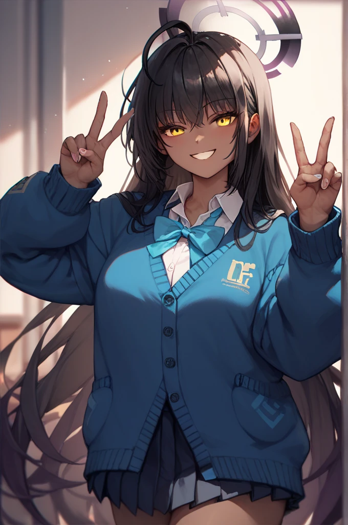 (((happy smile))) double v karin, ahoge, black hair, dark skin, dark-skinned female, halo, long hair, yellow eyes,
cardigan, neck ribbon, pleated skirt, ribbon, school uniform, skirt, blue cardigan,