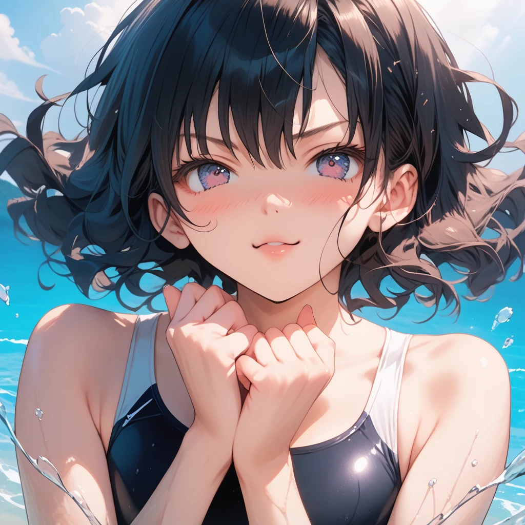 (Ultra-high resolution of the highest quality, masutepiece, Best Quality, 8K, Super Detail, Best Quality:1.3), (Anatomically correct:1.3), (face shot:1.6), (1 Little Girl), (Child), (Loli), (infant), (Small body), (flat chest), (elementary school student), (blush face:1.6), short black wavy hair, bangs hair over eyes, (white camisole), in Park Fountain, funny smile, (wet:1.2), (beautiful hair, beautiful eyes, beautiful face) (face focus, human ear focus, clavicle focus, armpit focus), from side