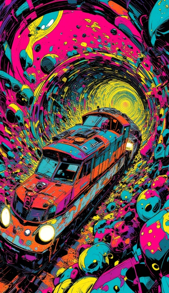  Illustration of a train running through a tunnel、 Ito Junji の渦巻き、Umetsu Kazuo Art 、  Ito Junji  、  psychedelic 、LSD cartoon  、Swirl