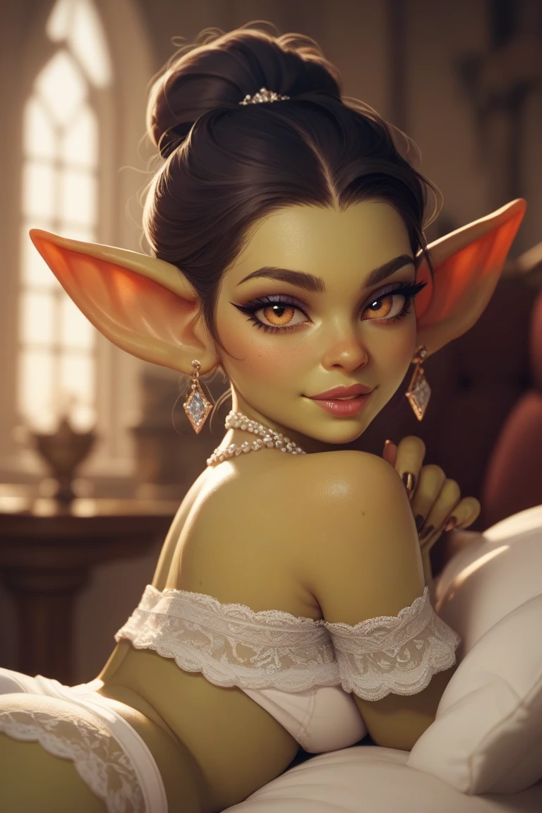 Create me an extremely attractive female goblin, beautiful and seductive 