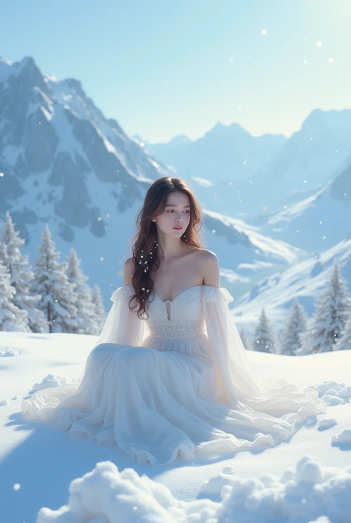 A stunning image capturing a beautiful girl sitting gracefully in an evening setting, radiating an ethereal charm, with the ambiance of the scene artfully frozen in a breathtaking photograph