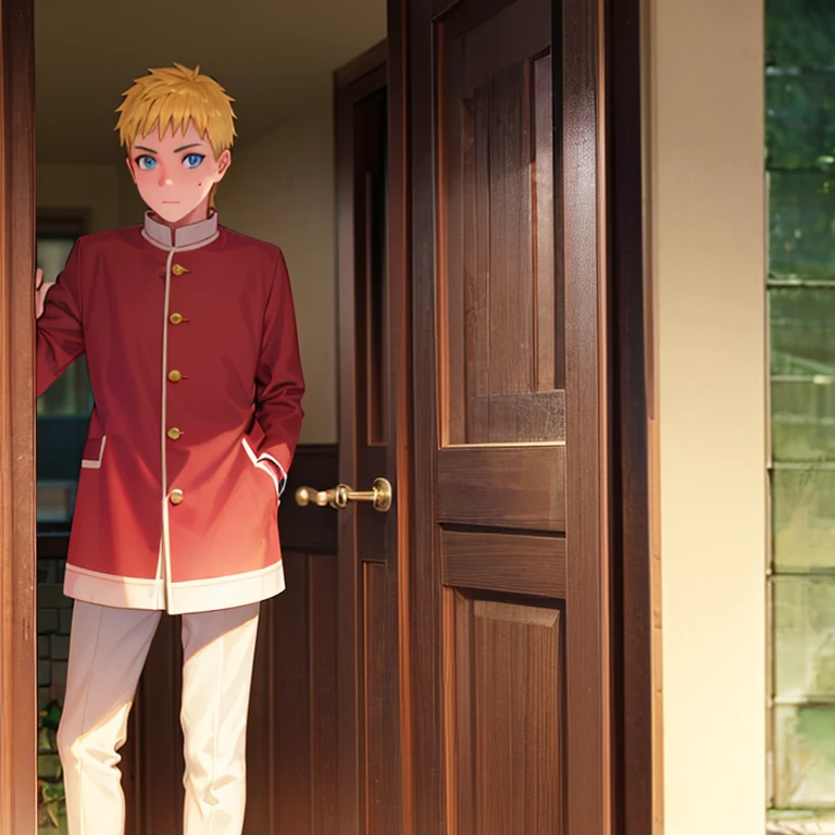 A boy with a spiky blonde hair and blue eyes qith a whiskers on his cheeks as he wears a Christmas outfit and standing in front of the door 