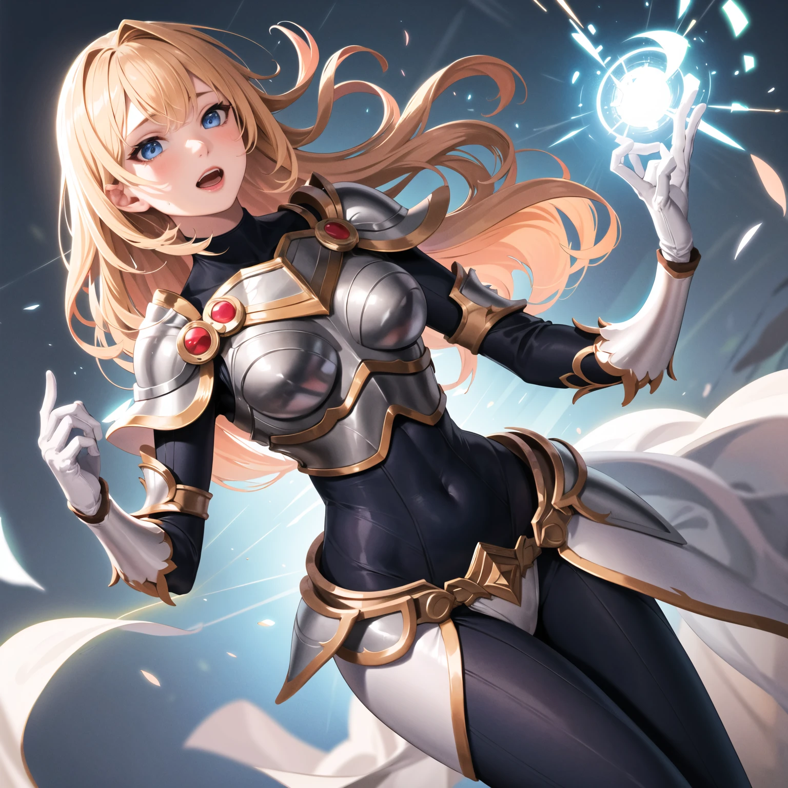 masterpiece, best quality, highres, lux1, long hair, 1girl, solo, armor, breastplate, bodysuit, gloves, white gloves, boobplate, magic, spell, open mouth,