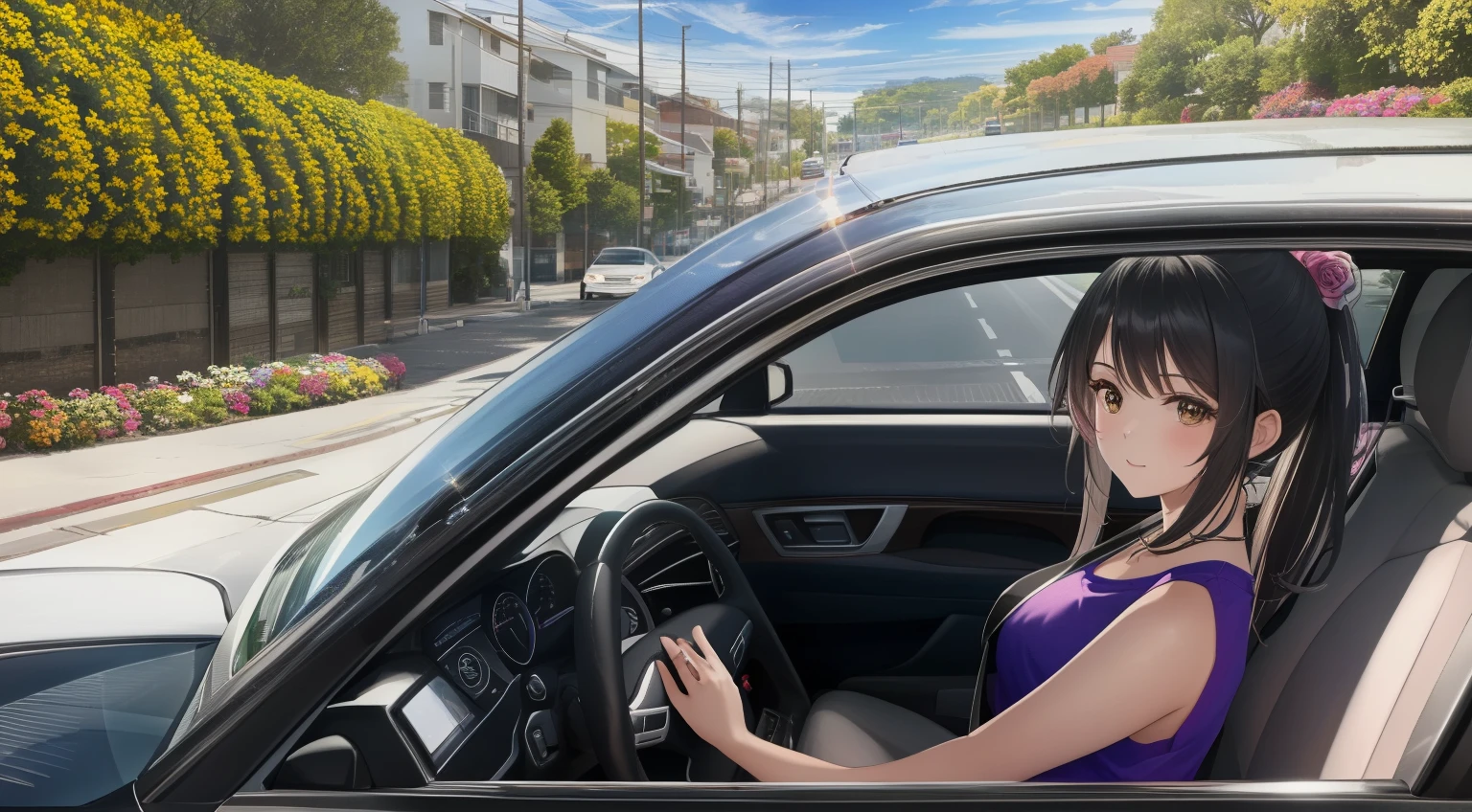 "A candid shot from outside the car, captured through the open side window as a young woman drives through a vibrant flower garden. The camera angle captures her dark green ombre hair tied up in a sleek ponytail with soft bangs framing her face. She’s wearing a pink tank top, long denim jeans, and a plaid flannel shirt tied around her waist, looking relaxed and focused on the road ahead. The colorful flowers in shades of pink, purple, yellow, and white stretch out on either side of the road, with sunlight streaming in and casting a warm glow over the scene. The image feels spontaneous, with the motion of the car blending seamlessly with the peaceful beauty of the flower garden outside."