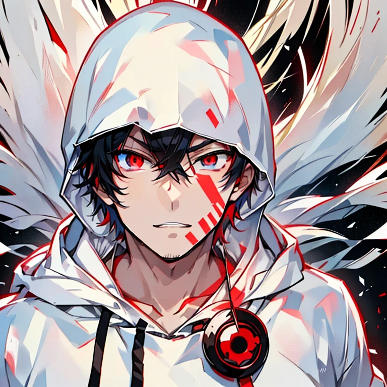  Japanese Cartoons , A man in a white hoodie,His eyes are serious, ,  Japanese Cartoons ,  his eyes are glowing red 