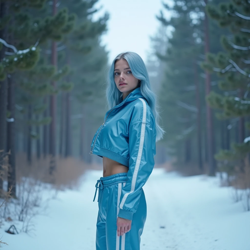 Arafed woman with blue hair and black jacket posing in front of a waterfall., next to a waterfall, waterfalls in the background, standing near a waterfall, waterfall in the background, with waterfalls, Amazing beauty, alena aenami and android jones, Amazing beauty, standing in front of a waterfall, with waterfalls, photo from behind