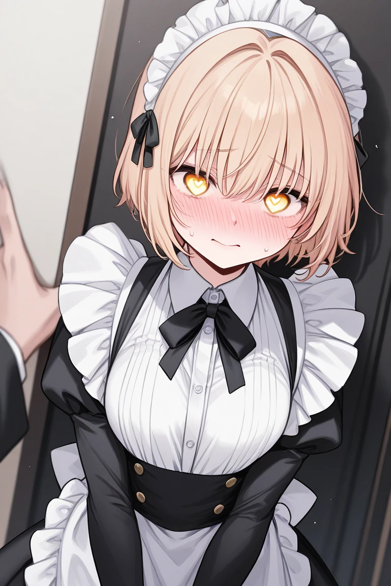 Femboy the boy with maid set blonde hair cute shy Yellow eyes have heart eyes