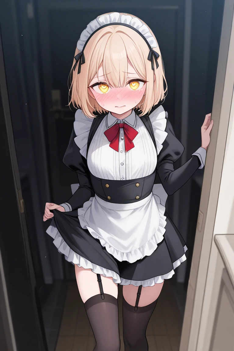 Femboy the boy with maid set blonde hair cute shy Yellow eyes have heart eyes