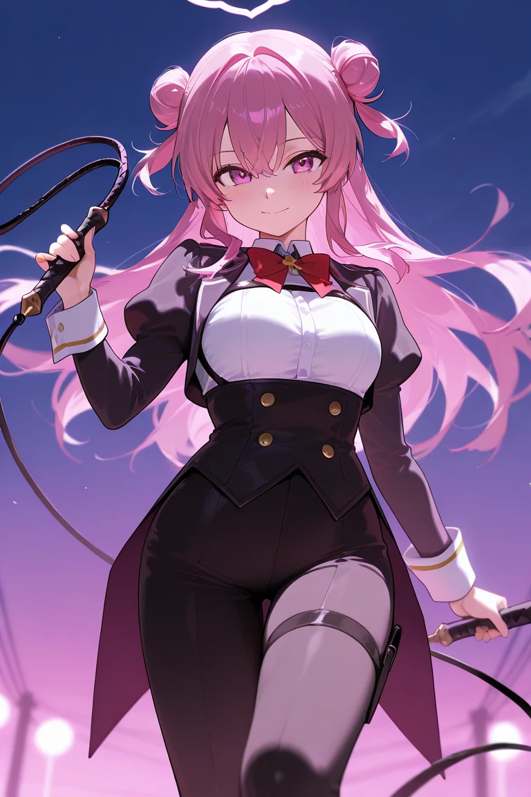 (masterpiece:1.2, best quality), 1girl, solo, undercut hair, colored hair, pink eyes, head accessory, intricate coat, bra, black thighhighs, combat boots,