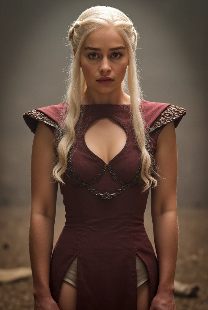 Daenerys Targaryen, hair bun,red lips, midriff dress