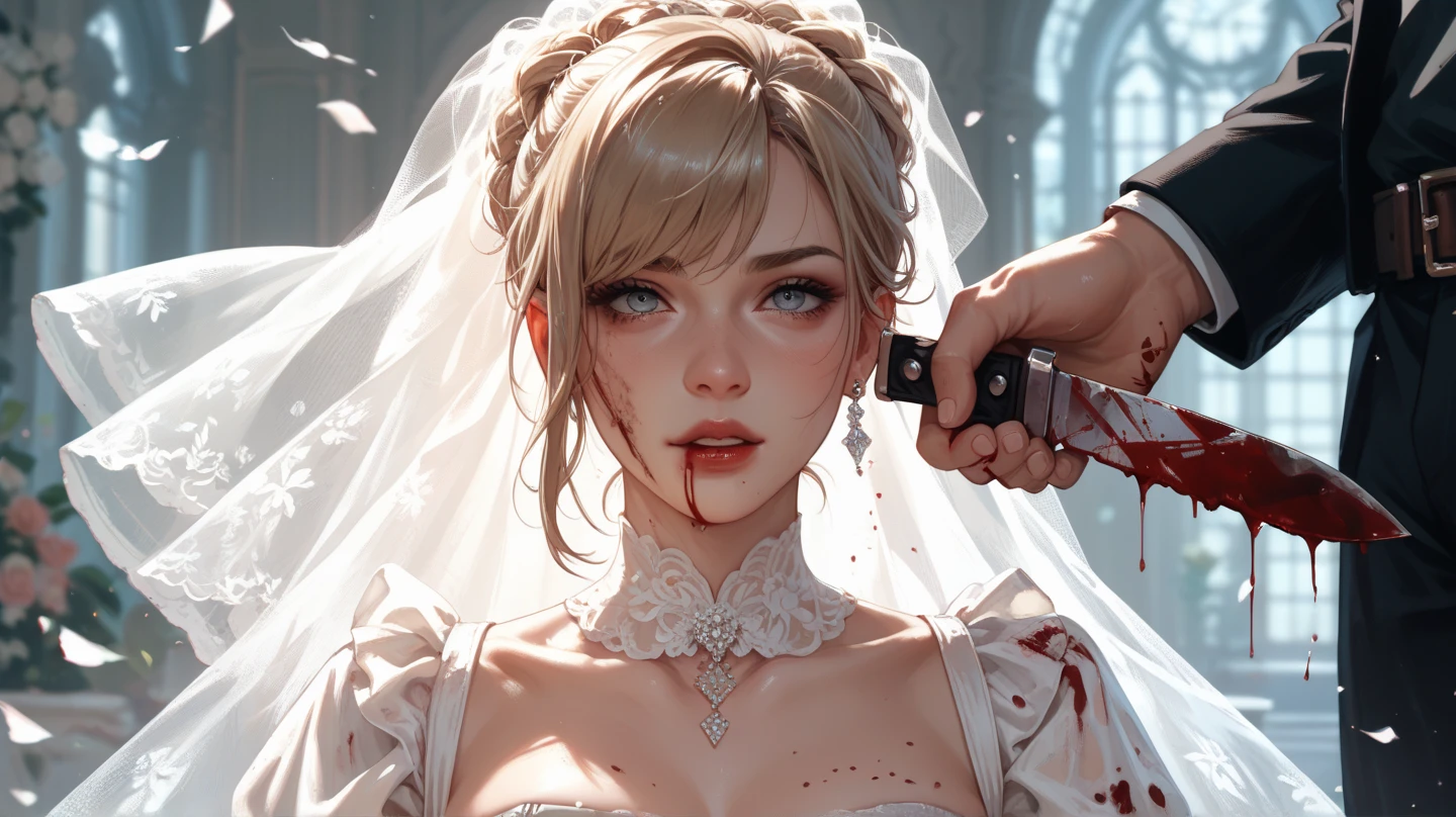 Delicate features, Crazy Smile, Mouth wide open, Mouth open and teeth bared, wide lips, Very wide mouth, Frowning, Vermilion-tinted cheeks, Blonde Hair, Princess Cut, Ribbon hair ornament, brooch, Shiny candy blue dress, Gold embroidery,Lolita Style, Gothic style, Facing the audience, Otaku Room, Well-built body, Nice body, Ample breasts, Fleshy body,With eyes wide open、Scary atmosphere、Distorted facial expressions、ねじれた笑face、Bloody、Bleeding from the head、Blood splatter、whole body、Long Hair、Long bangs、(((Dark circles under the eyes)))、Pale skin、Feeling unwell、Pathological、邪悪な笑face、Crazy Eyes、(Grin)Dramatic makeup,Create mixed media art、Full body depiction on screen,whole body図,Well-built,Nice body,Shoulders wider,focus on,(face),Messy Hair,Yellow Eyes,(Glowing Eyes),(Blood splatter:1.9),Red light,笑face,big 笑face,tooth,psycho 笑face,gesugao,Dark city background,darkness,night,(close),Good Eyes, good teeth,サディスティックな笑face,,all,Shiny skin,詳細なface,Beautiful body,Adult,whole body油まみれで光沢感がある whole bodyから湯気が出ている Steam like a sauna room fills the entire screen. White breath from the mouth