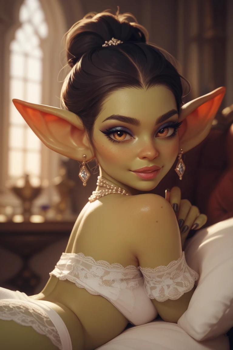 Create me an extremely attractive female goblin, Beautiful and seductive full body sitting on a divan