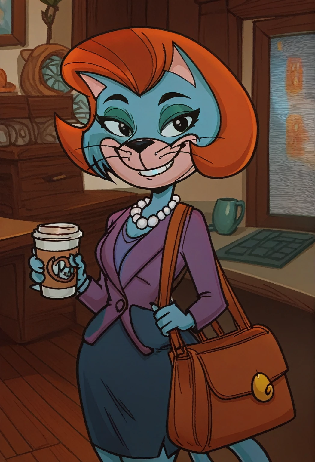 score_7_up, score_8_up, score_9, 2d, cartoon, 
trixie-topcat, catgirl, anthro cat, blue fur, orange brown hair, black eyes, pearl necklace, green eyeshadow,
smiling, looking at viewer, fully body view, brown shoulderbag, holding coffee, office