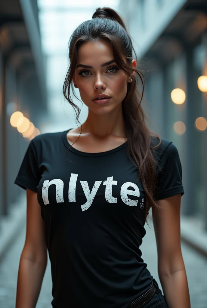 girl 21 years old, short shoulder-length hair, pink hair color, wearing a blue t-shirt, taking a selfie, city street in the background, it's night, low lighting, selfi