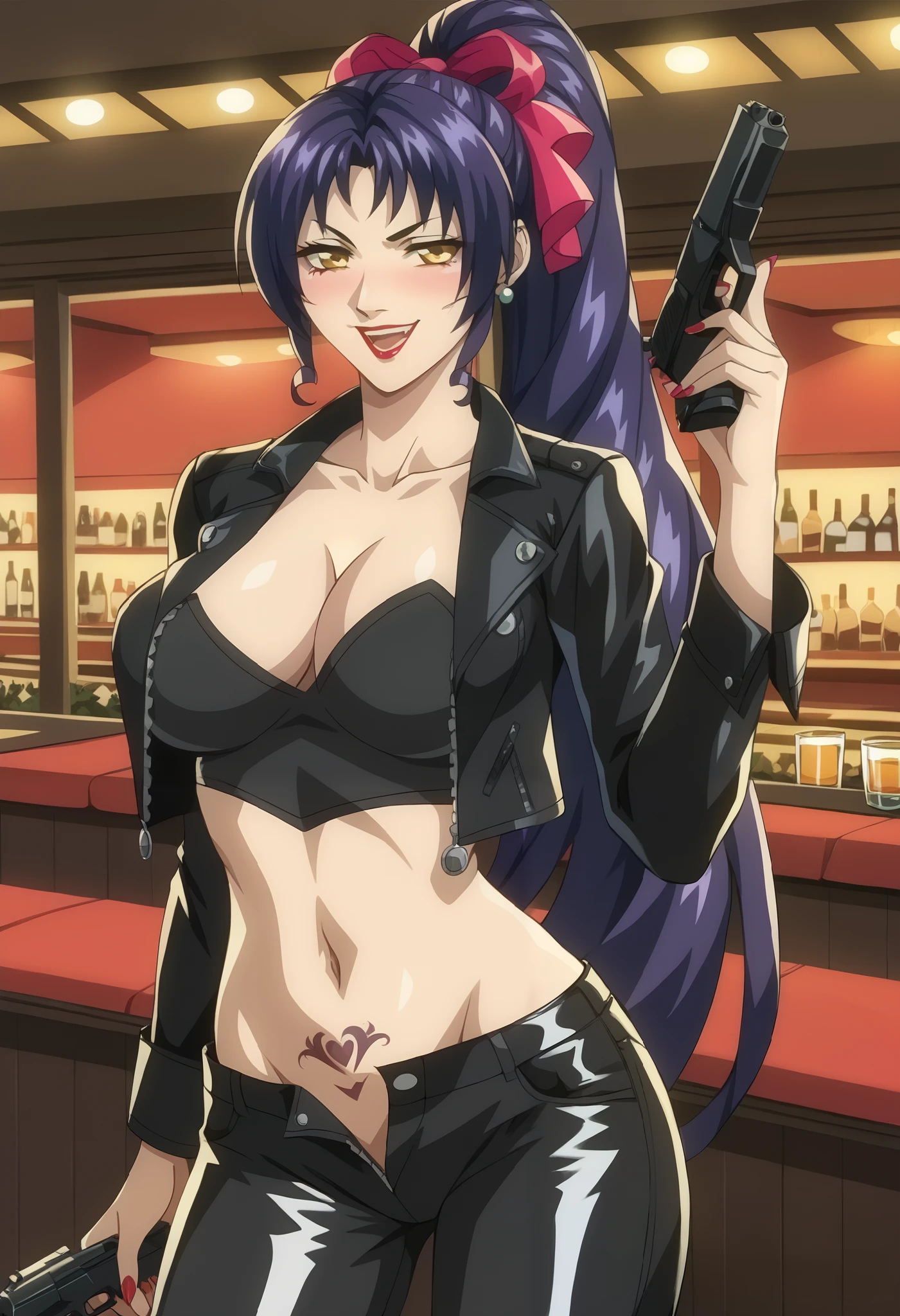 score_9, score_8_up, score_7_up, score_6_up, uncensored, , bloom, BREAK
Kozono Nami, 1girl, solo, smirk, parted lips,
yellow eyes, long hair, purple hair, high ponytail, hair ribbon, ear piercing, long hair, blush, lipstick,Hot girl, baddie, smoking, sensual, attractive, bar
background, inside bar,indoors, cityscape, casino, nightclub, city lights, masterpiece, best quality, highly detailed, a girls with a gun, evil smile , open mouth, sexy gaze, badass
pose , evil smile, smile, (nsfw) not safe for work, guns blazing, anime girl with long hair, beautiful long
haired girl, navel, evil expression, exposed belly, exposed navel, exposed midriff, exposed lower belly,
long black pants, crop top, cleavage, unbuttoned leather pants ,open fly, low rise black leather pants,
leather jacket, holding a gun, holding pistol, , cleavage, unbuttoned shirt,shirt, knot,,, dragon tattoo , shiny skin, tattoo , tattoo midriff, rose tattoo, 