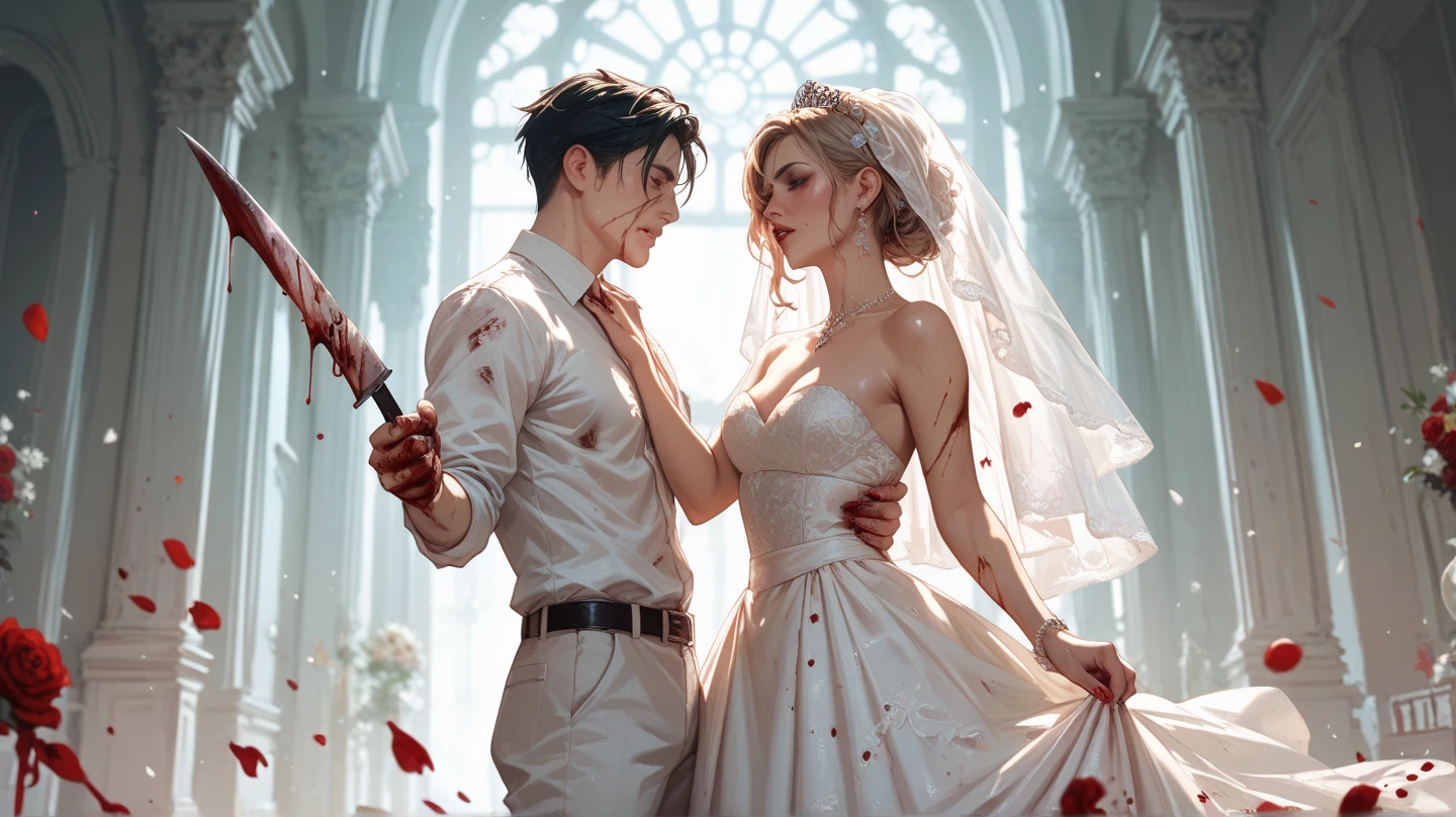 arafed, high details, best quality, 16k, [ultra detailed], masterpiece, best quality, (extremely detailed), dynamic angle, ultra wide shot, RAW, photorealistic, a wide angle picture of a vampire bride biting her groom, a [female vampire] bride (best details, Masterpiece, best quality) vampire female in a white wedding gown with bloody gown (best details, Masterpiece, best quality: 1.5), best detailed face (best details, Masterpiece, best quality: 1.5), ultra feminine, grey skin, red haired, long hair, wedding hair cut style, blue eyes, intense eyes, wearing white latex wedding dress bloody gown (best details, Masterpiece, best quality: 1.3), wearing white high heels, in the honeymoon suite (best details, Masterpiece, best quality: 1.4), biting the the groom, bloody face, BREAK a beautiful human man (best details, Masterpiece, best quality: 1.5), ultra detailed face (best details, Masterpiece, best quality: 1.4), wearing a wedding tuxedo (best details, Masterpiece, best quality), honeymoon suite background, Ultra-Wide Angle, high detail, award winning, best quality, HD, 16K, 3D rendering, high details, best quality, highres, ultra wide angle, 3D rendering, [[anatomically correct]]