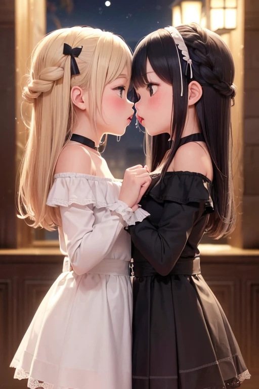 Two teenage girls，angry look，Equal stature，in class room，Black hair and blonde hair，Gaze face to face，Hold each other，The two bodies are close together，Kiss