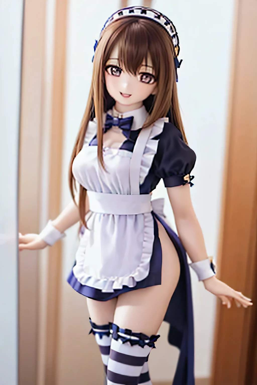 (SFW:2), photorealistic, realistic photo, 8k, Canon EOS, ((highest quality)), ((masterpiece)), (extremely detailed), dd, doll, idol dress, plastic skin, slim, skinny, slender, (squinted eyes:1.4), (mature woman, 21yo, 21 years old, solo, corridor:1.6), (from side, walking, brown hair, long hair, maid headpiece, bow, maid costume, maid apron, striped thigh highs, light smile, half open mouth, purple brown eyes, glass eyes, shining eyes, looking at viewer, detailed face:1.3)