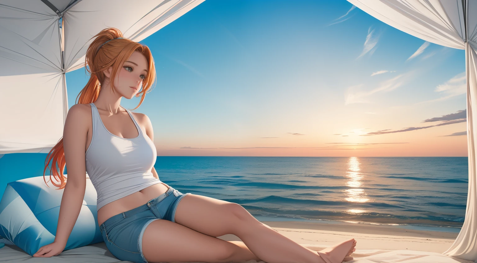 "A serene beach camping scene set against the backdrop of soft, white sand and a sparkling blue ocean. Gentle waves lap at the shore, their rhythmic motion harmonizing with the tranquil atmosphere. A woman with blonde-red hair tied in a sleek ponytail sits near a glowing modern campfire, its warmth contrasting with the cool ocean breeze. She wears a simple white tank top and denim shorts, embodying a relaxed and carefree vibe. Around her, minimalist camping gear is neatly arranged, and an open tent frames the stunning seaside view. In the background, tall palm trees sway gently, while the golden sunlight reflects off the water, casting a magical glow over the scene. This idyllic setting captures the perfect balance between adventure and the calming embrace of nature on a pristine beach."