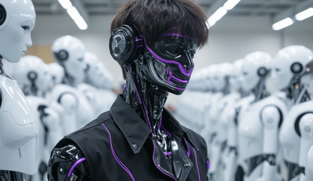 a handsome Korean man, dashing, handsome kpop idol, his body is a sophisticated cyborg robot with black and purple futuristic lines, and his mouth is also a sophisticated machine robot, his body is full of intricate details of high detail machines, is in a factory with many white robots lined up behind him