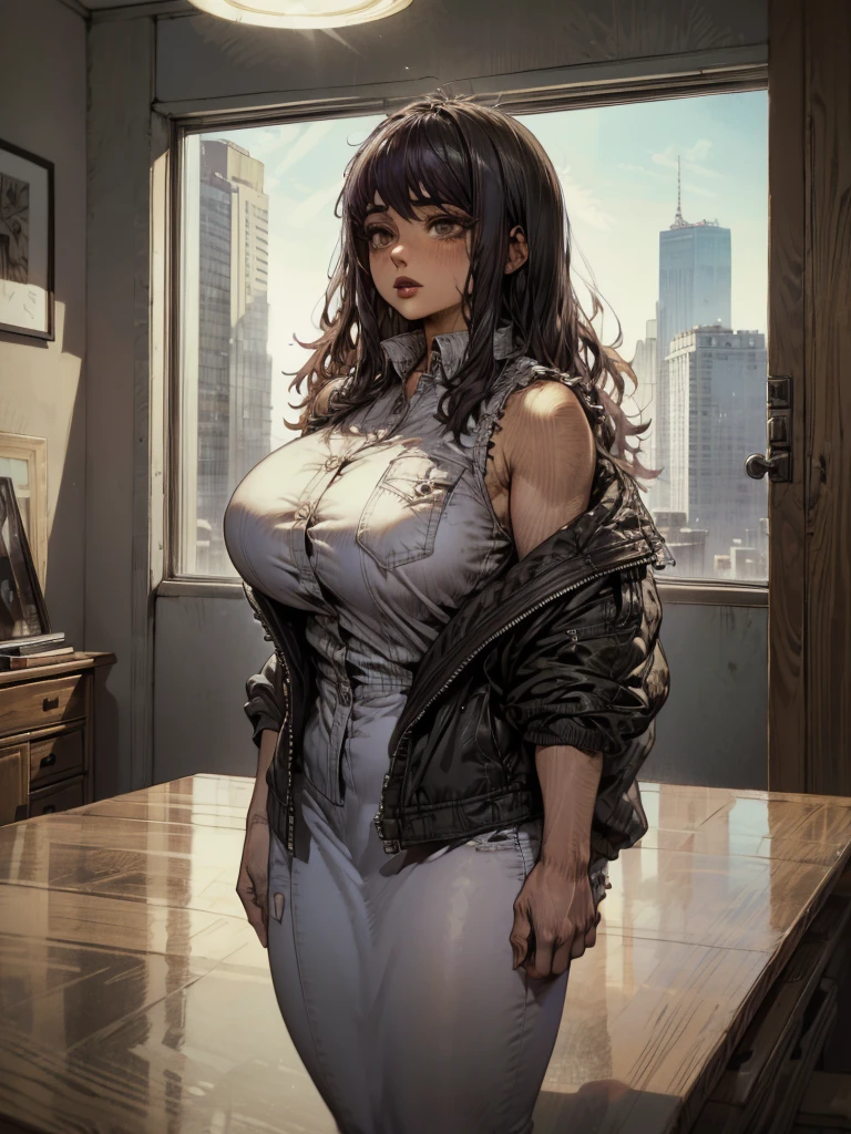  masterpiece ,  highres icon,  high quality,  detailed face ,  Detailed body rendering, 1 , Alone, hyuuga hinata, hinata-sleeveless-outfit,  Big breasts ,  Big breasts , sleeveless shirt, network top,  dark lips , unbuttoned jacket, Well good, standing, cora, (in the room)