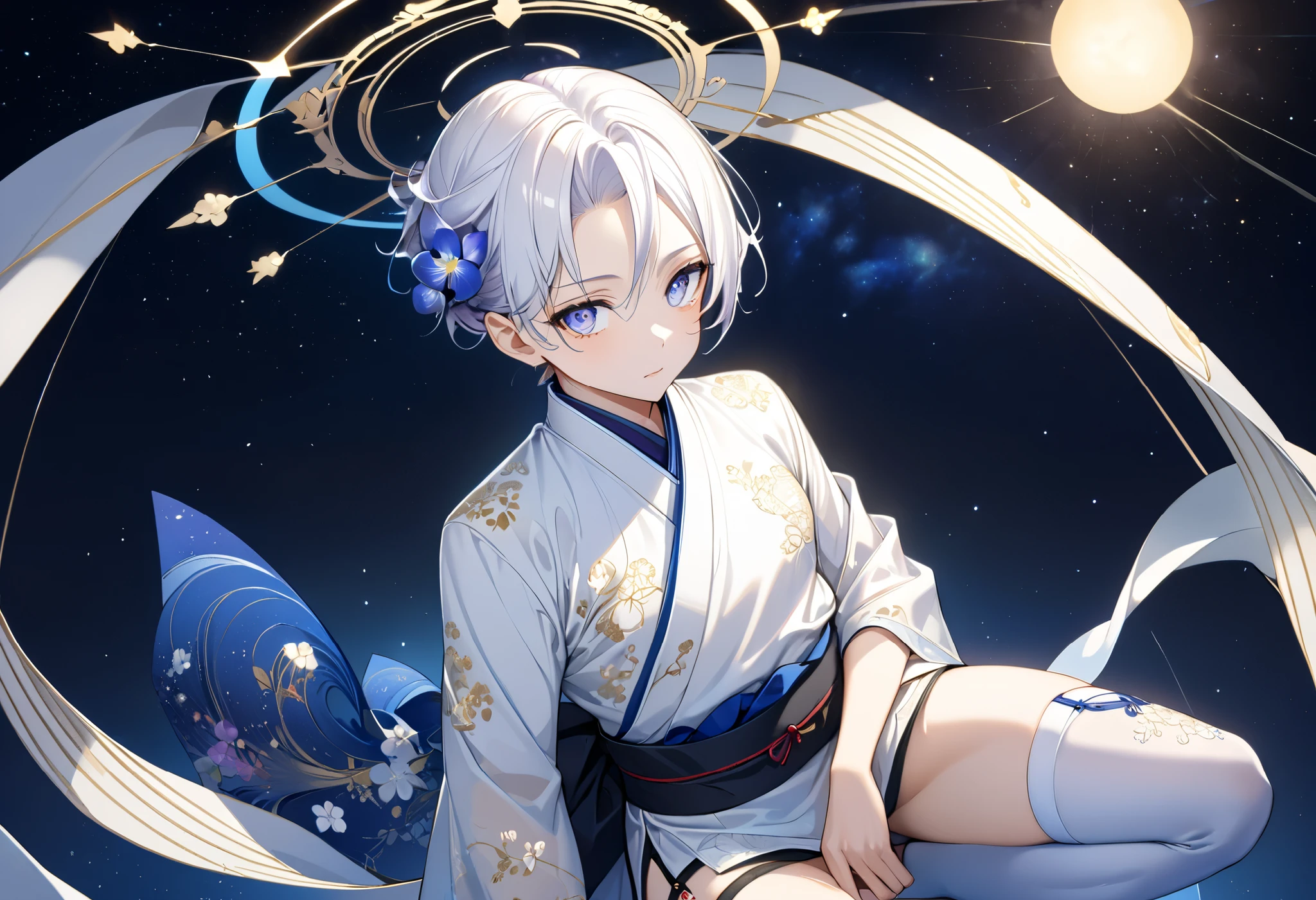 Fresh illustration,
Ultra-fine drawing,
Very delicate illustration,
Very fine details,
One boy,
Full body,
Height 158cm,
Fair skin,
Right eye is purple,
Left eye is blue,
Odd eyes,
Heterochromie iris,
Beautiful eyes,
Large black pupils,
Cleanly cut hairstyle,
Slicked back hairstyle,
Short hair,
Shiny hair,
Blue roots and white hair elsewhere,
Hair with a gradient,
Cute face,
Pretty face,
Shiny halo on the back of the head,
Raised eyebrows,
Upper body in kimono,
Upper body in traditional Japanese clothing,
Masculine build,
Six pack,
Very small breasts,
No breasts,
Lower body in Chinese dress,
Black obi,
Overall white clothes,
Tasteful embroidery with gold thread,
Clothes with a high-quality texture,
Jock straps,
Thigh straps,
Thigh straps digging into skin,
White long boots,
Japanese style toes,
Five fingers on hands and feet,
Thin waist,
Thin legs,
Isometric,
Golden ratio,
Divine atmosphere,
Wearing an indigo-colored stand-up collared inner,
Outer space,
Galaxy,
Countless small stars,
Tactical use of shadows,
Free pose,
Sexy pose,
Exposing skin,
Erotic pose,
Adult pose,
Lewd appearance,
Looking at camera,
Buttocks facing camera,
Pervert,
See-through clothes,