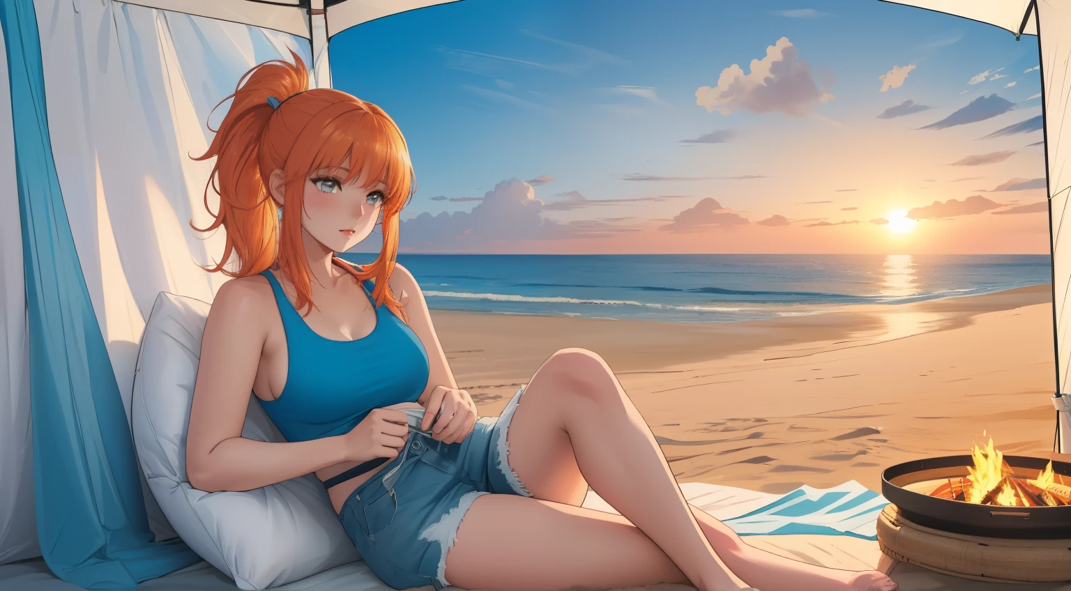 "A serene beach camping scene set against the backdrop of soft, white sand and a sparkling blue ocean. Gentle waves lap at the shore, their rhythmic motion harmonizing with the tranquil atmosphere. A woman with blonde-red hair tied in a sleek ponytail sits near a glowing modern campfire, its warmth contrasting with the cool ocean breeze. She wears a simple white tank top and denim shorts, embodying a relaxed and carefree vibe. Around her, minimalist camping gear is neatly arranged, and an open tent frames the stunning seaside view. In the background, tall palm trees sway gently, while the golden sunlight reflects off the water, casting a magical glow over the scene. This idyllic setting captures the perfect balance between adventure and the calming embrace of nature on a pristine beach."