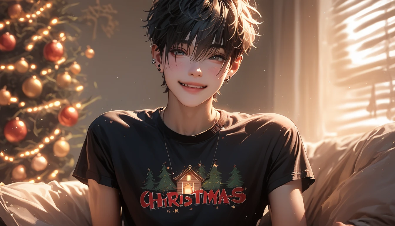 a young skinny chinese femboy is posing for a photo session, looking younger than aged 14 old, with nice black emo hairtyle, wearing only a t-shirt, sweet happy face expression, he is inside a romantic wooden house near a christmas tree full of warm lights and gifts in a romantic dark light sunset, hairless body,  slim abs. He is showing his small hairless penis while he has a huge cumshot