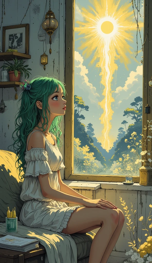  A beautiful young Korean woman .
 green hair, far away, curly, fluttering. 
 She is sitting on the living room sofa admiring the solar eclipse through the giant window.
Modern and jovial living room . 
 Shimmering solar eclipse , incandescent. 
dew drops. 
 full body.
 Picking up the whole environment of the room  .
profile view.
32K, HDR, UHD. 